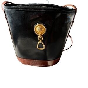 COPY - Black hard shell gold medallion shiny leather two way bag